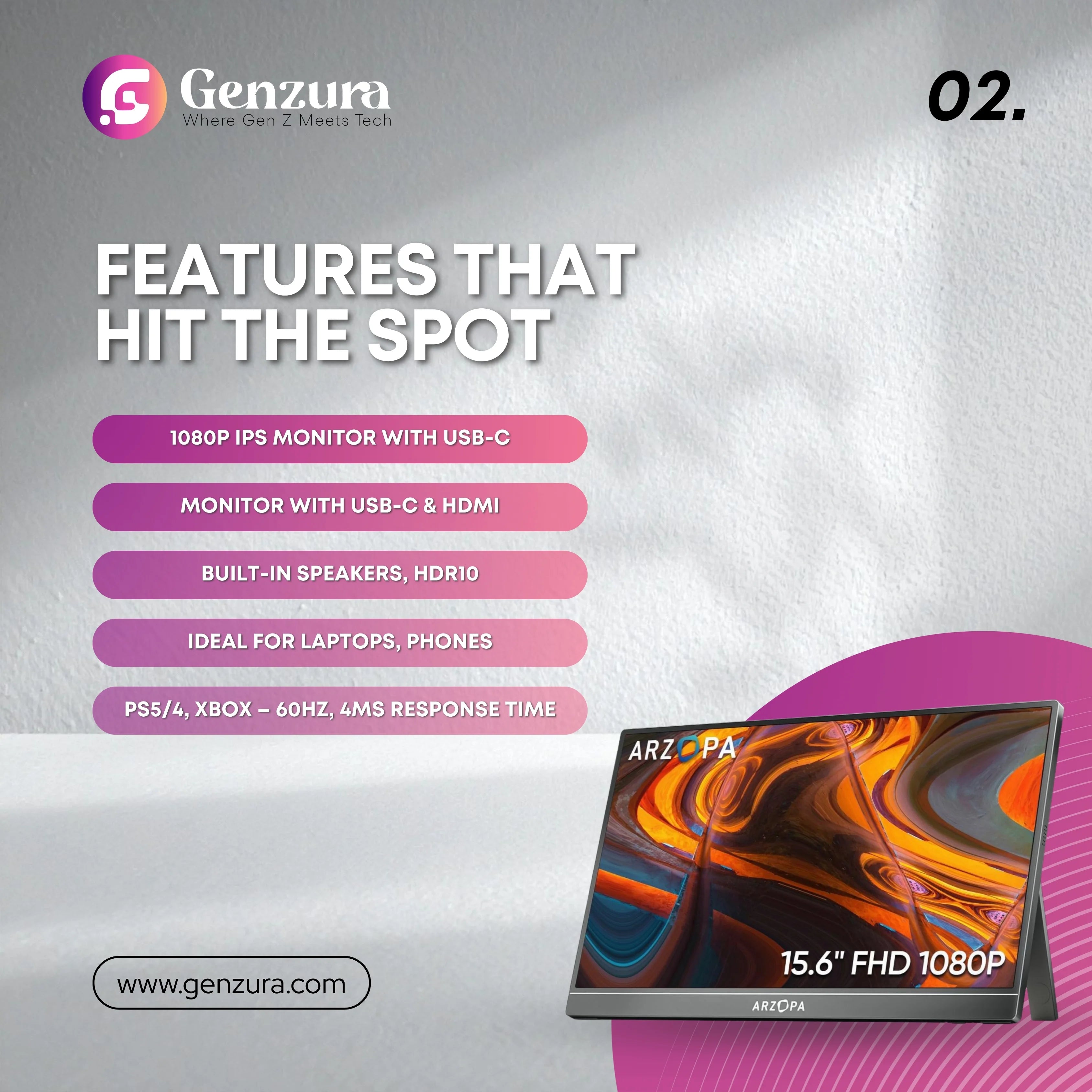 15.6” Portable 1080P IPS Monitor with USB-C & HDMI, Built-in Speakers, HDR10, Ideal for Laptops, Phones, PS5/4, Xbox – 60Hz, 4ms Response Time