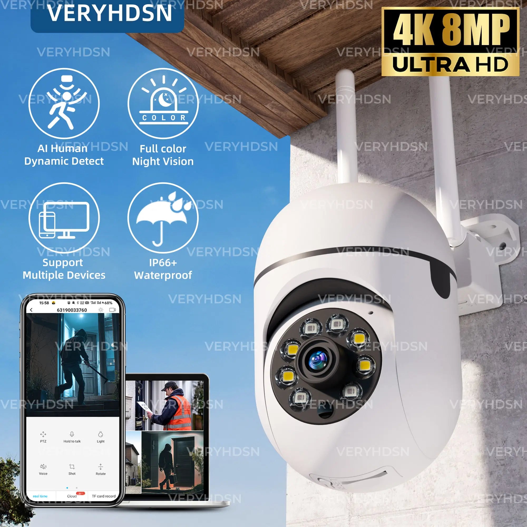8MP AI-Powered Security Camera with 360° View, Human Tracking, 4X Zoom & Night Vision | Weatherproof WiFi Dome Cam for Indoor/Outdoor Use